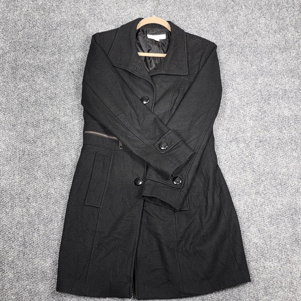 New York & Company Women M Long Sleeve Coat Black Wool Blend Zipper Detail
